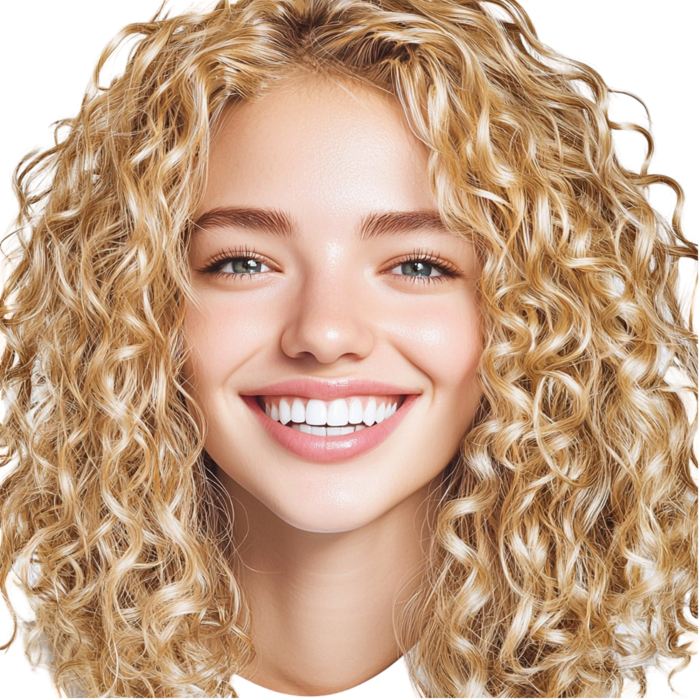 Cheerful young woman with curly blonde hair and a smile png