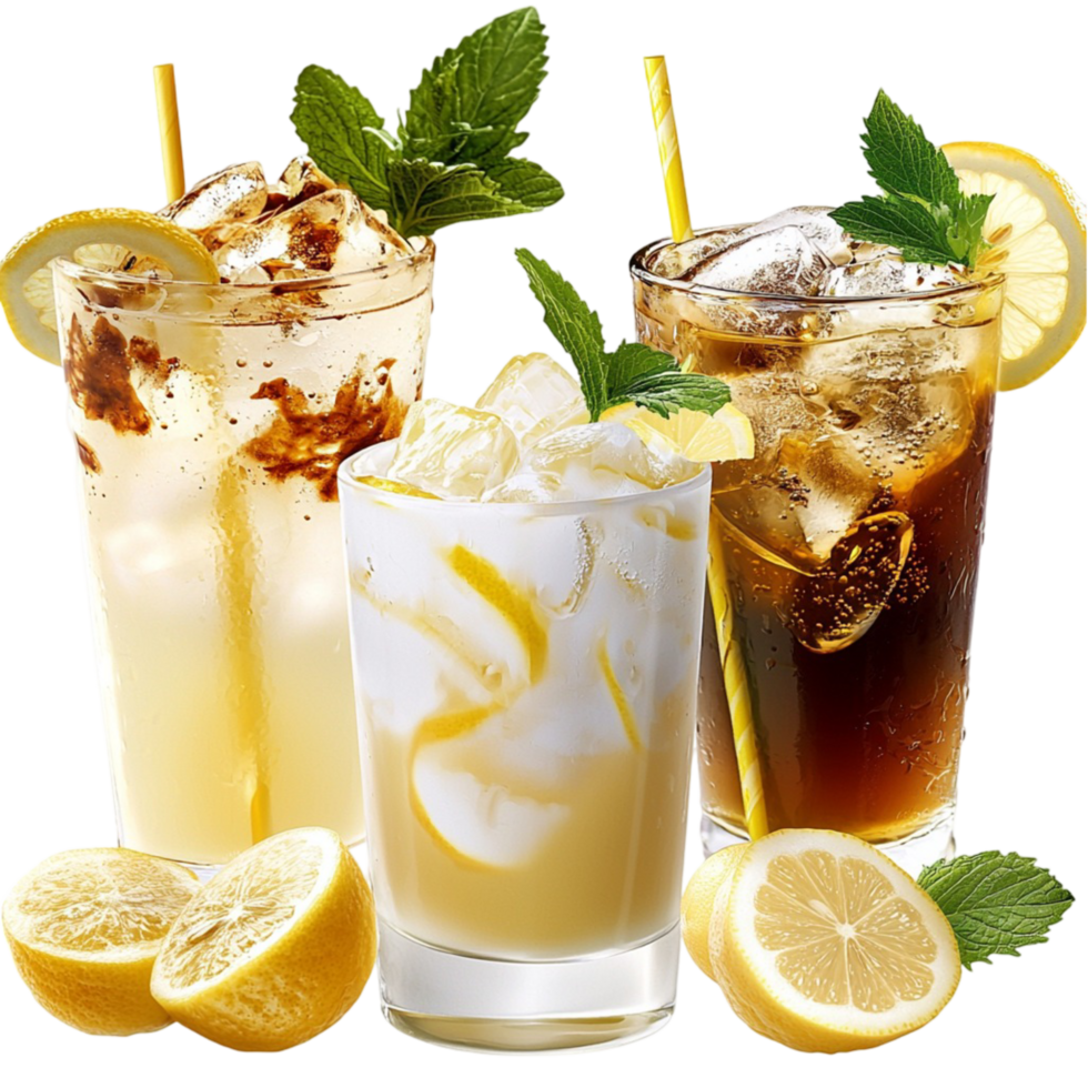 Reing summer drinks with ice and lemon garnishes png