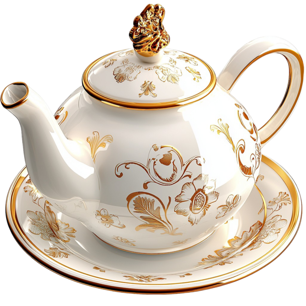 Luxurious porcelain teapot with golden patterns and a delicate handle png