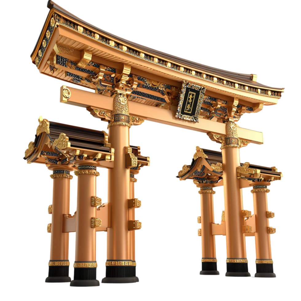 Traditional Japanese torii gate with golden wooden pillars and intricate carvings png