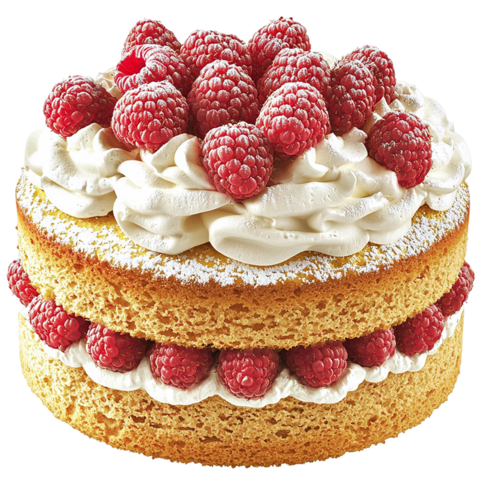 layered raspberry cake with whipped cream and berries on top png