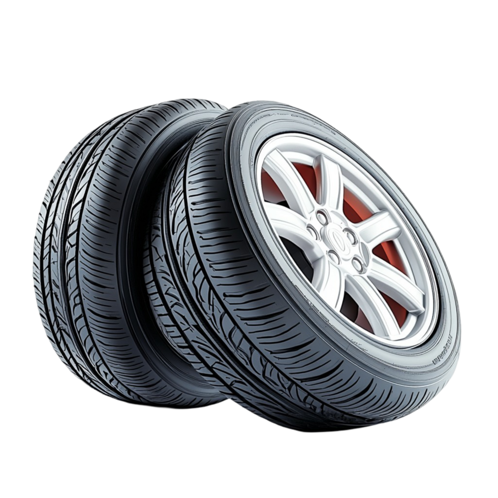 Stack of black car tires with silver alloy rims arranged in a neat pile png