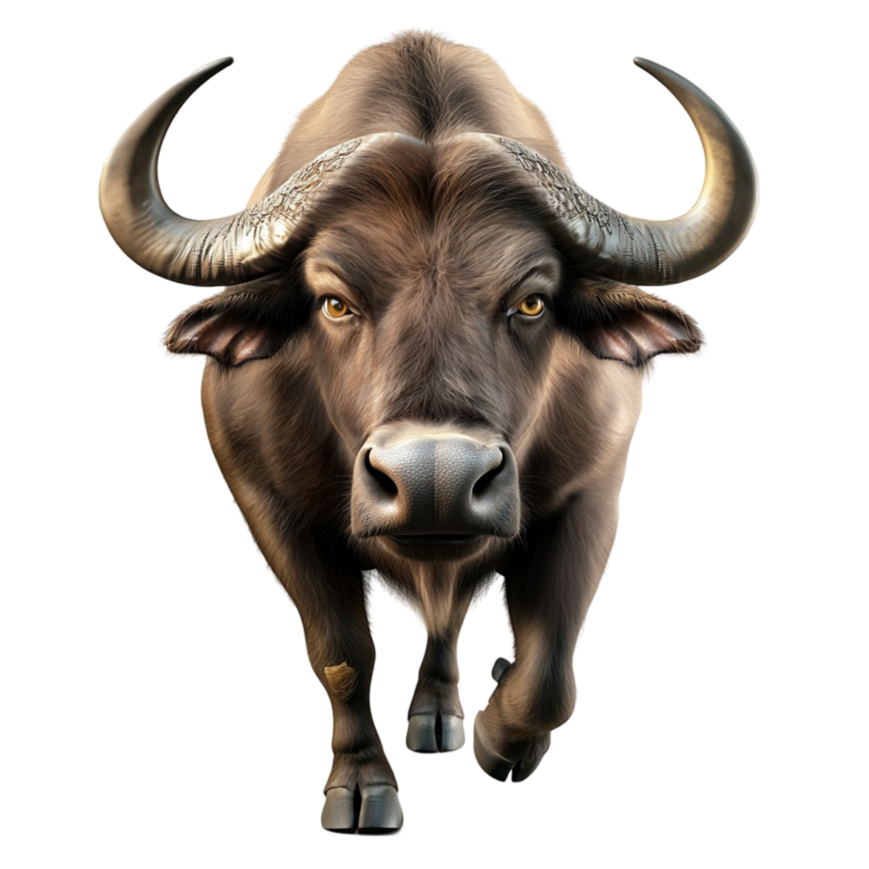 Strong black buffalo with large curved horns and a muscular body walking forward png