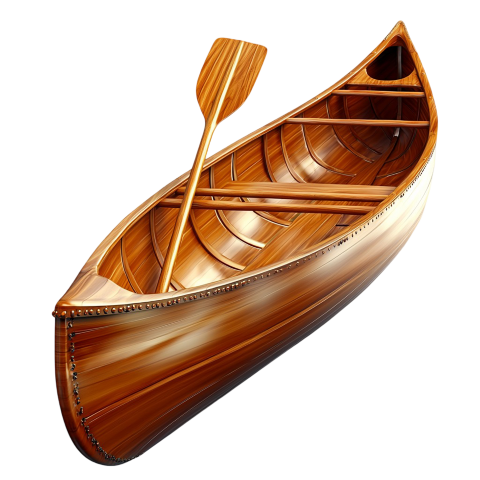 Hand wooden canoe with a single paddle and a glossy varnished surface png