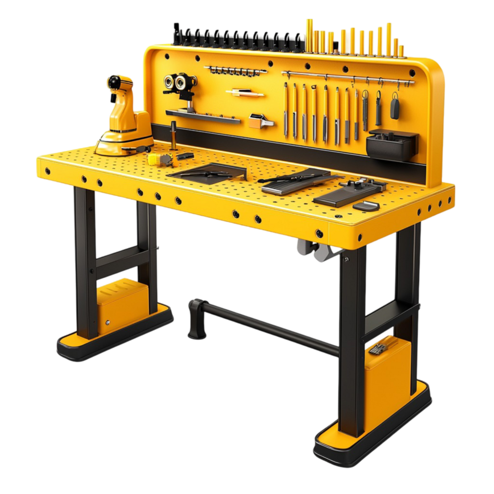 Yellow industrial workbench with built in tools and a black metal frame png