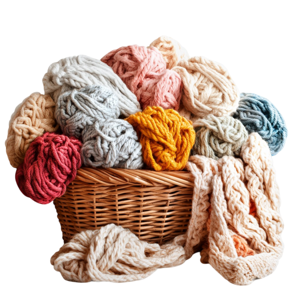 Wicker basket overflows with colorful knitted yarn balls png