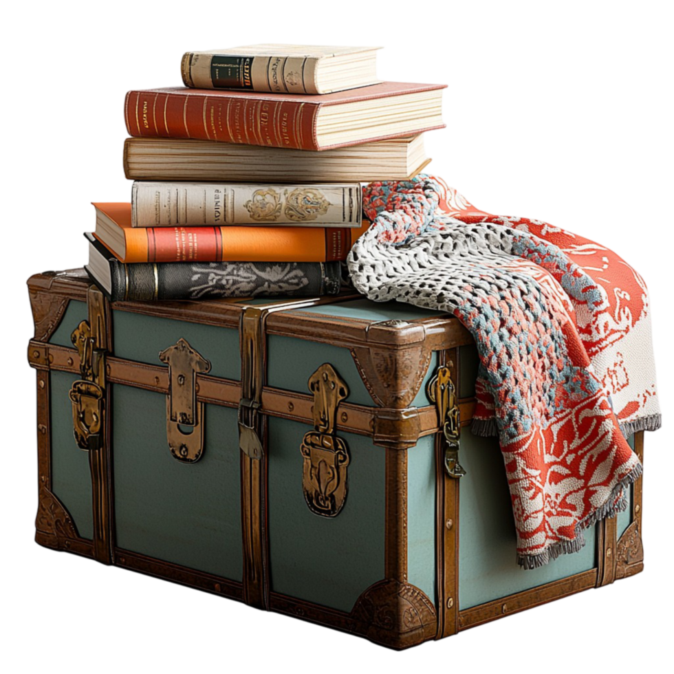 Vintage trunk is stacked with books and fabrics png
