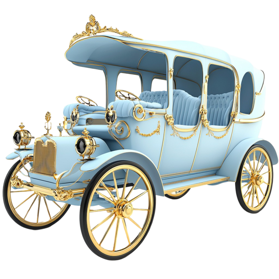 Vintage blue carriage features golden details and luxury png