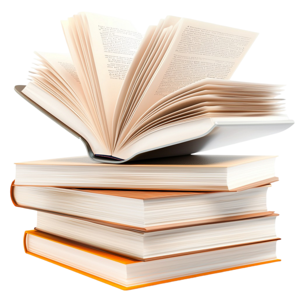 Open books are stacked high with pages full of knowledge png