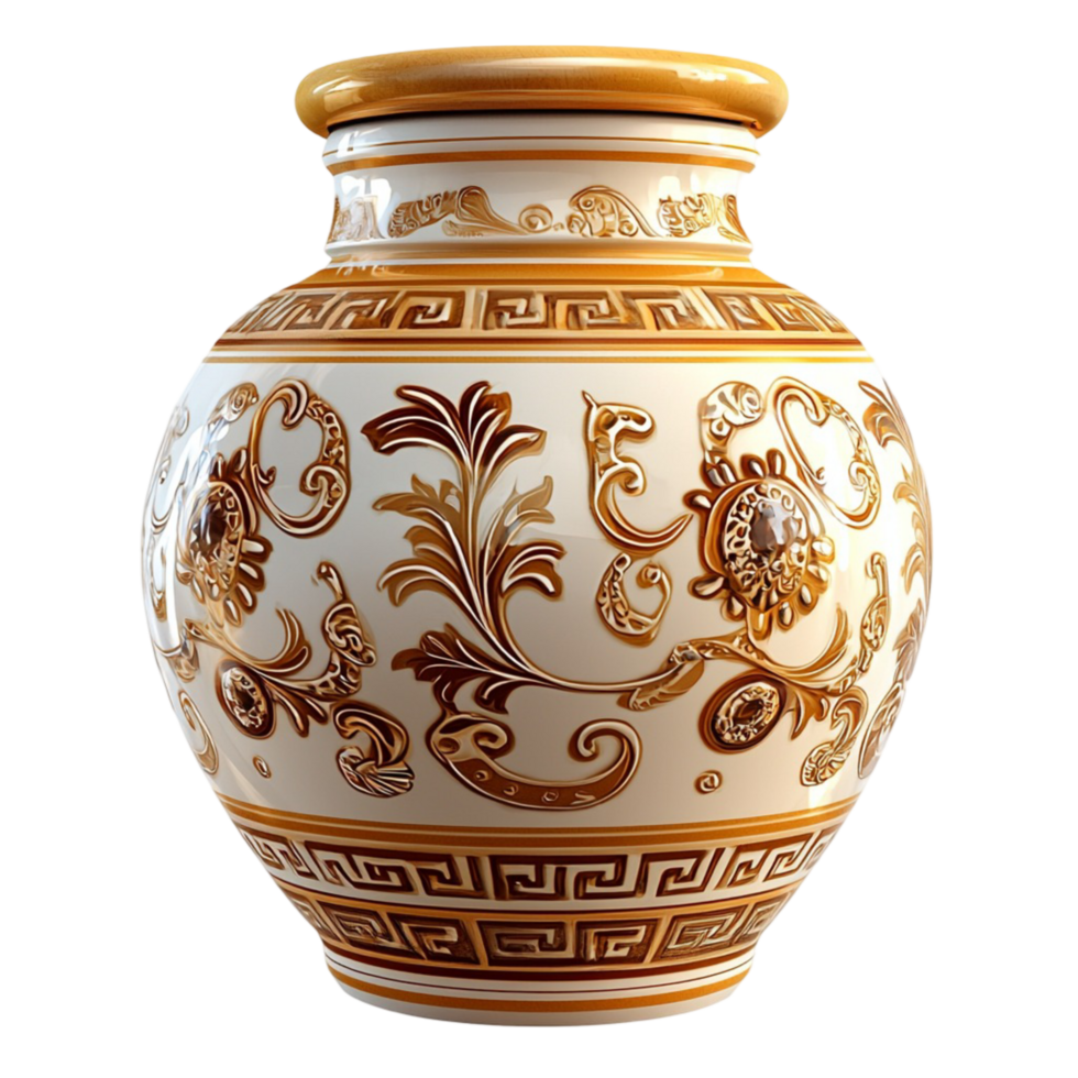 Ornate ceramic vase is decorated with intricate golden patterns png