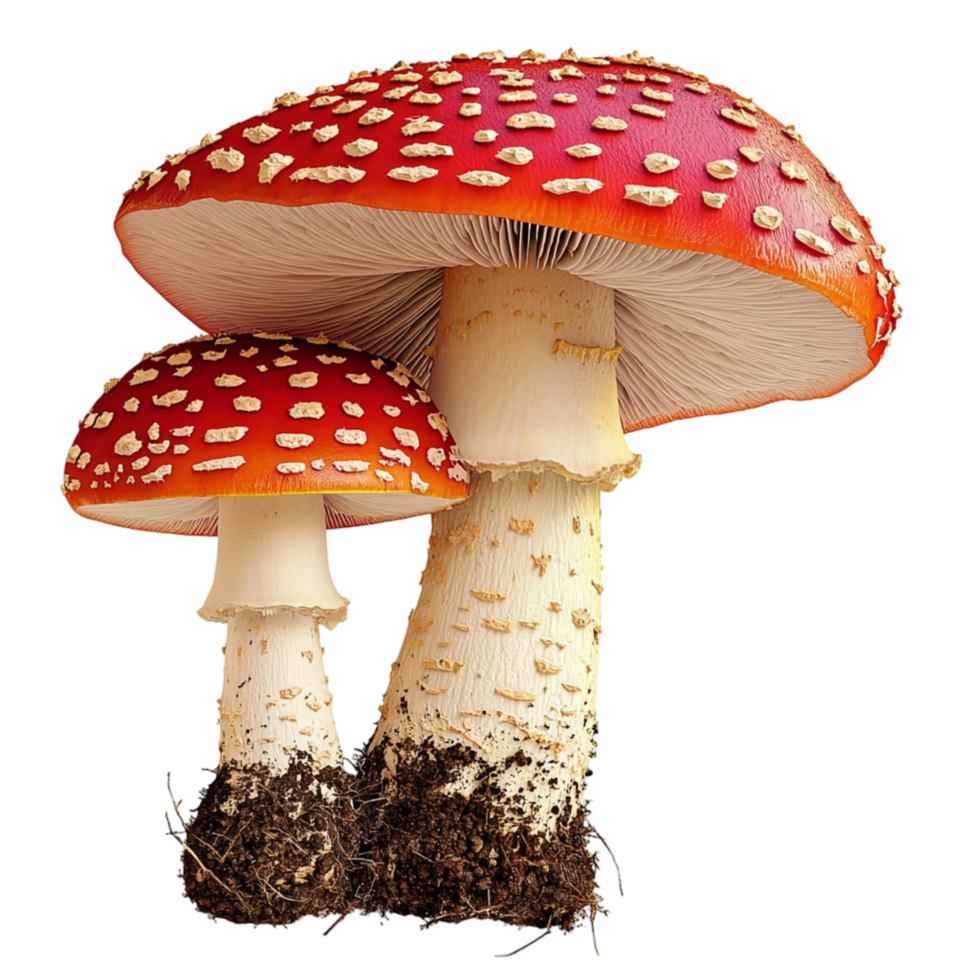 Vibrant red mushrooms grow in a mystical forest setting png