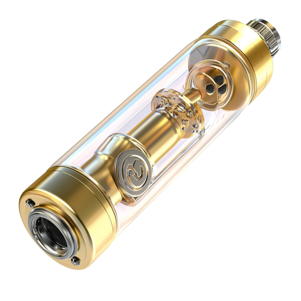Intricate glass and gold mechanical tube showcases a futuristic design png