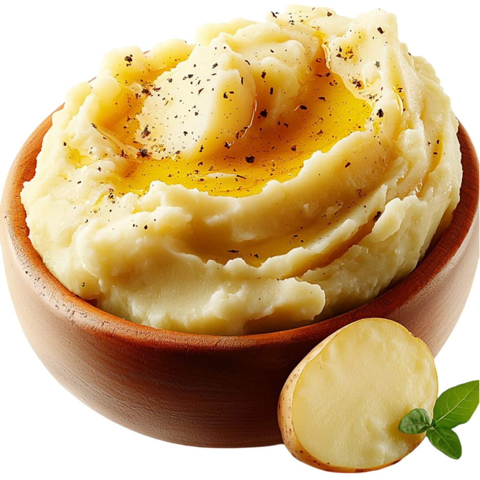 Creamy mashed potatoes are served with melted butter and herbs png