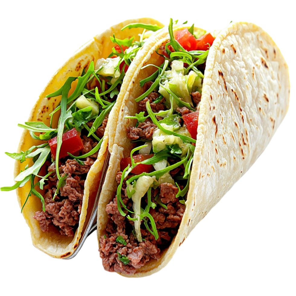 and flavorful tacos are filled with seasoned meat and greens png