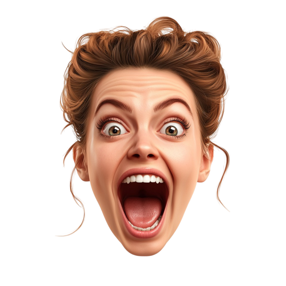Excited woman with curly brown hair has an expression of pure joy png