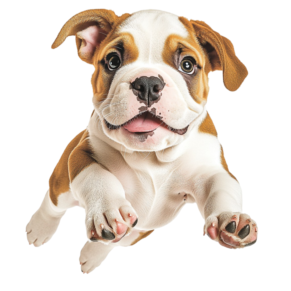 Adorable brown and white bulldog puppy is playfully jumping forward png