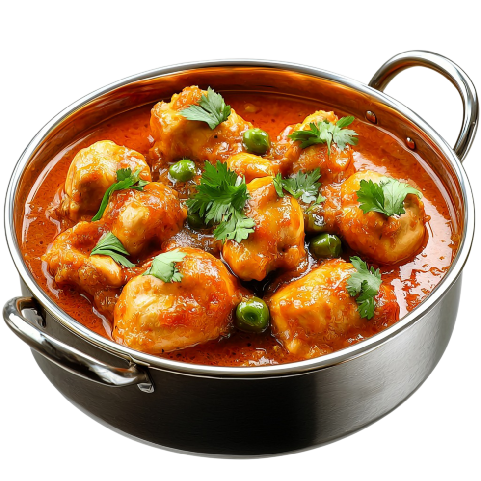 Spicy and flavorful chicken curry is served in a traditional steel pot png