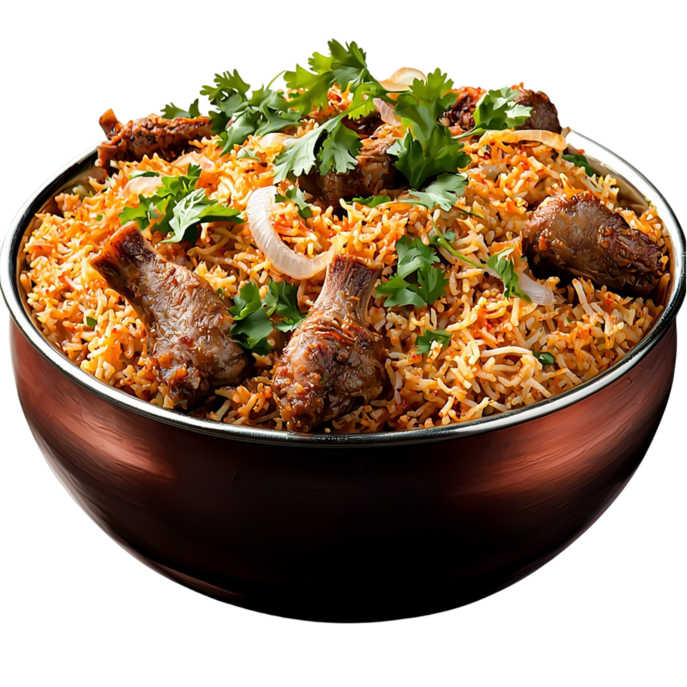 Fragrant biryani rice with tender meat is garnished with herbs png