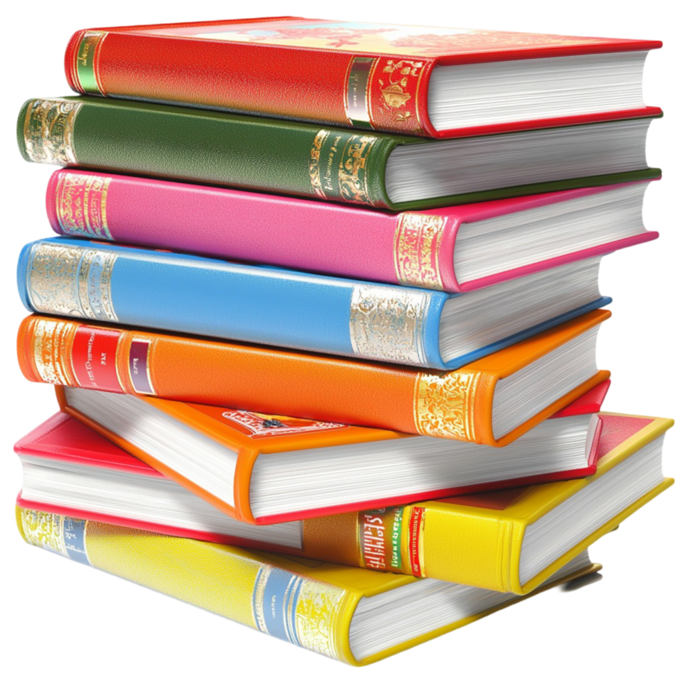 Colorful stack of hardcover books represents knowledge and learning png
