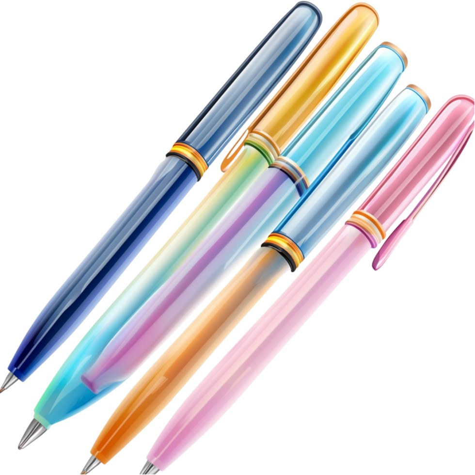 Set of multicolored pens with sleek metallic finishes is arranged neatly png
