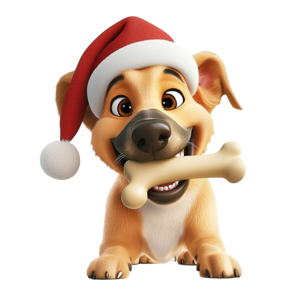 Adorable puppy wearing a Santa hat happily holds a bone in its mouth png