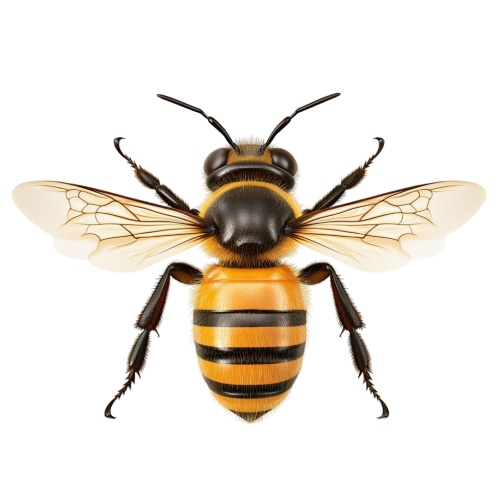 Detailed honey bee with black and yellow stripes hovers with precision png