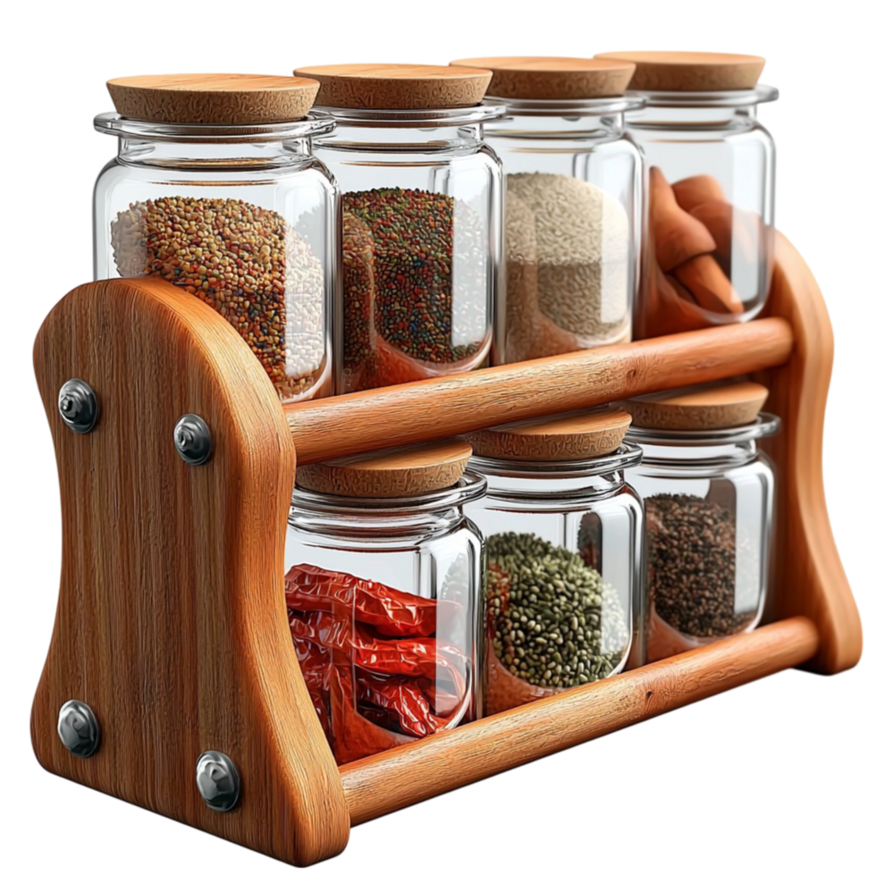 Wooden spice rack with glass jars showcases culinary diversity and flavors png