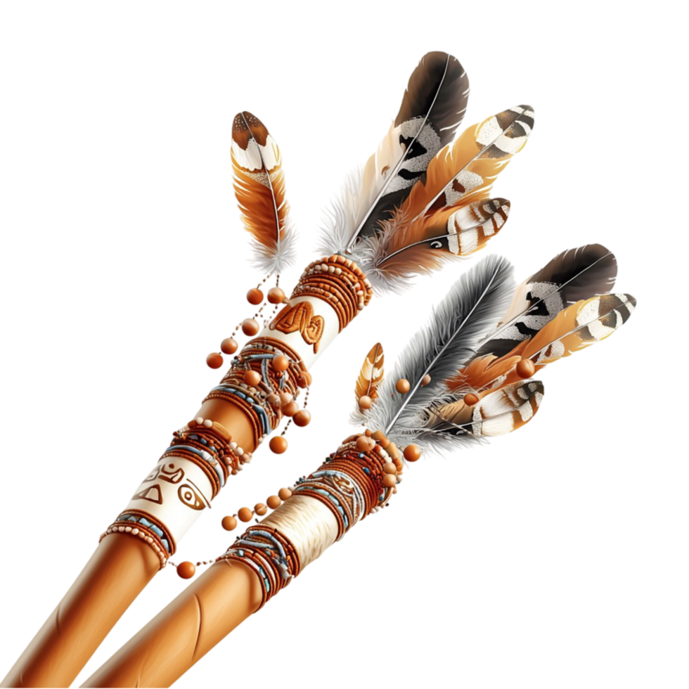 Beautifully decorated indigenous spears with feathers represent craftsmanship and tradition png