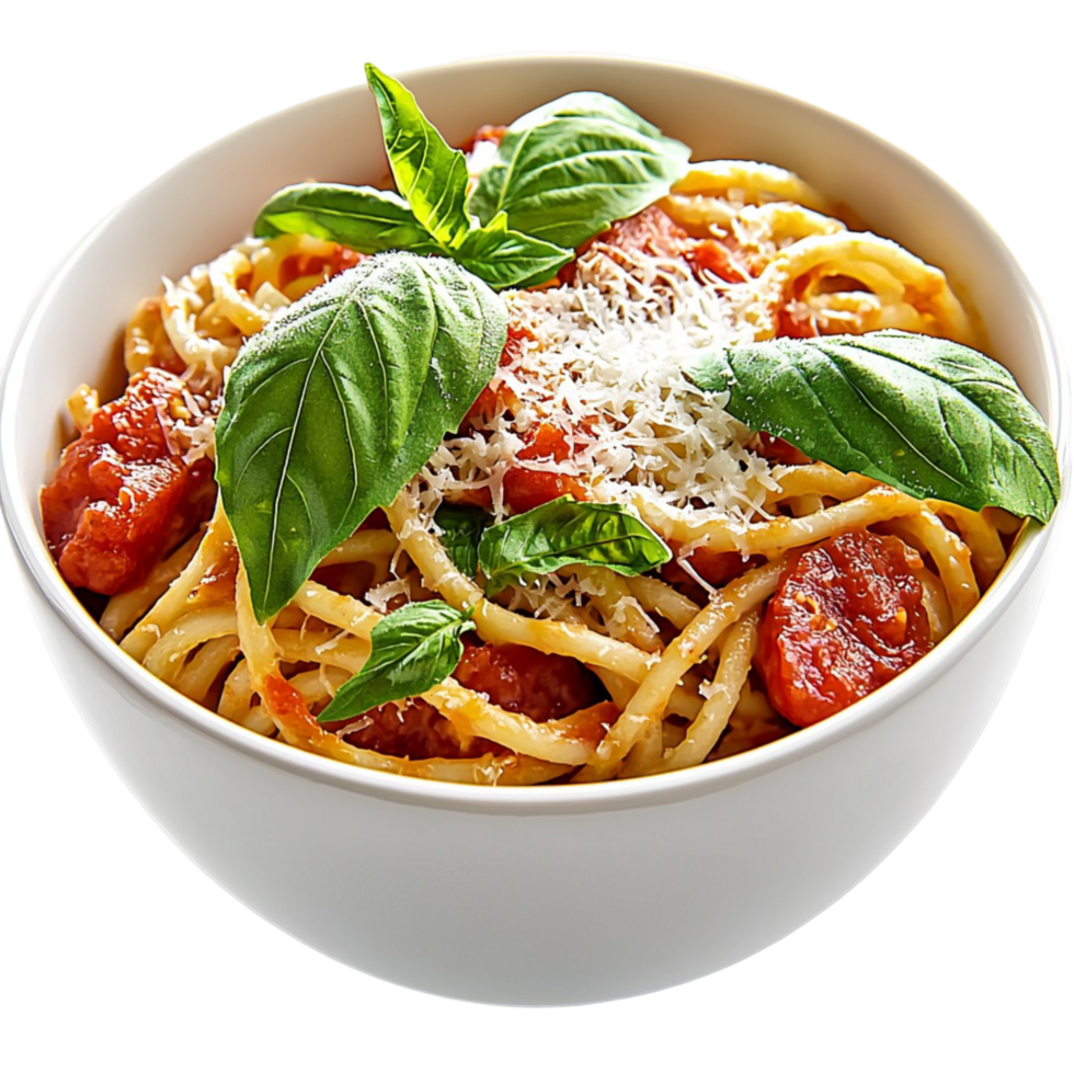 spaghetti bowl with basil and cheese represents Italian cuisine and flavor png