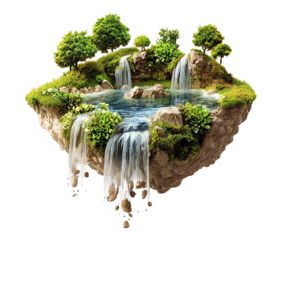 Floating island with lush greenery and waterfalls represents fantasy and paradise png