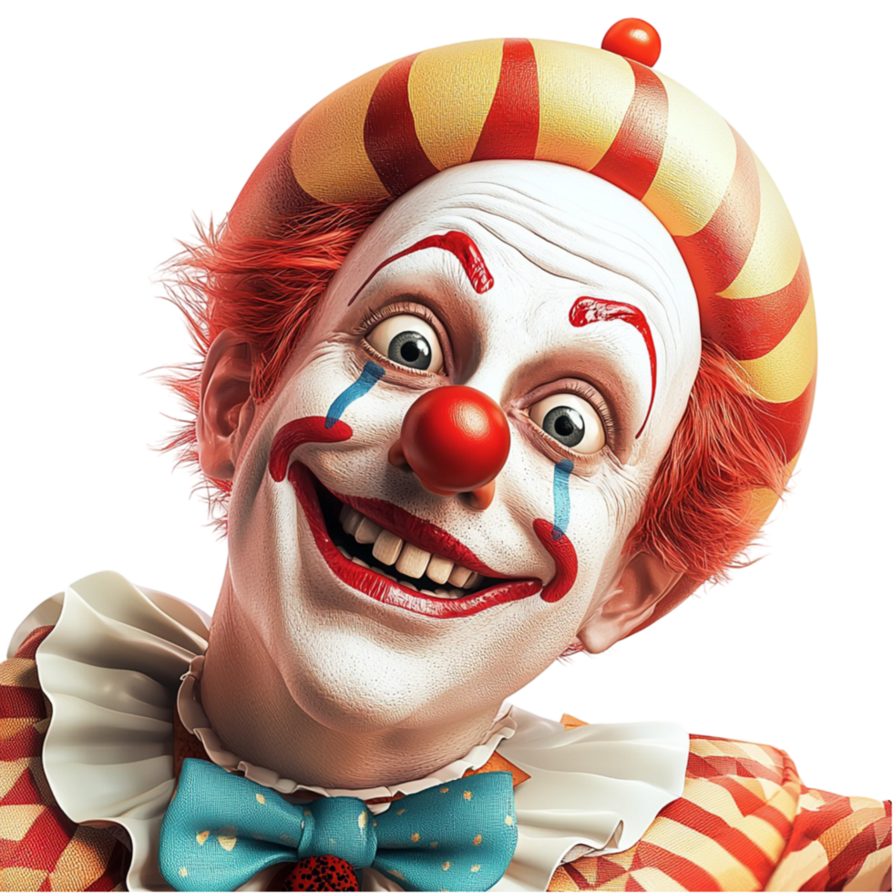 Smiling clown with red nose and colorful outfit embodies fun and theatrical performance png