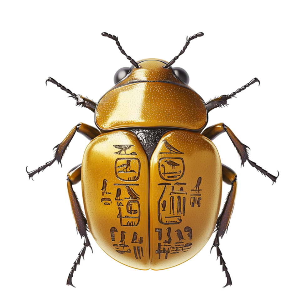 Shiny golden scarab beetle with ancient engravings symbolizes Egyptian mythology and power png