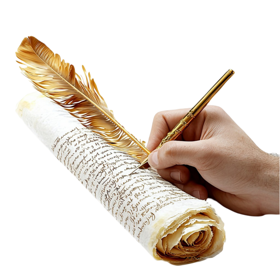 Hand writing with a golden quill on an aged parchment represents storytelling and creativity png