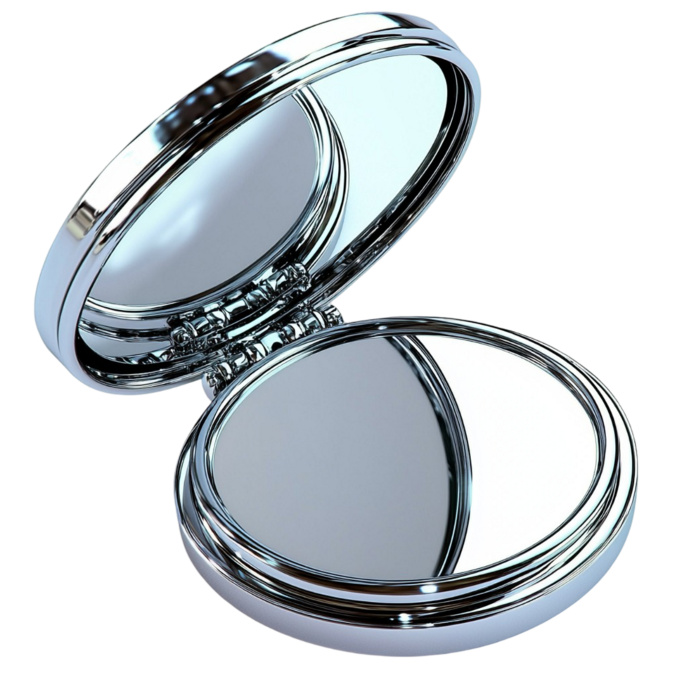 Shiny silver compact mirror with an open reflective surface represents beauty and vanity png
