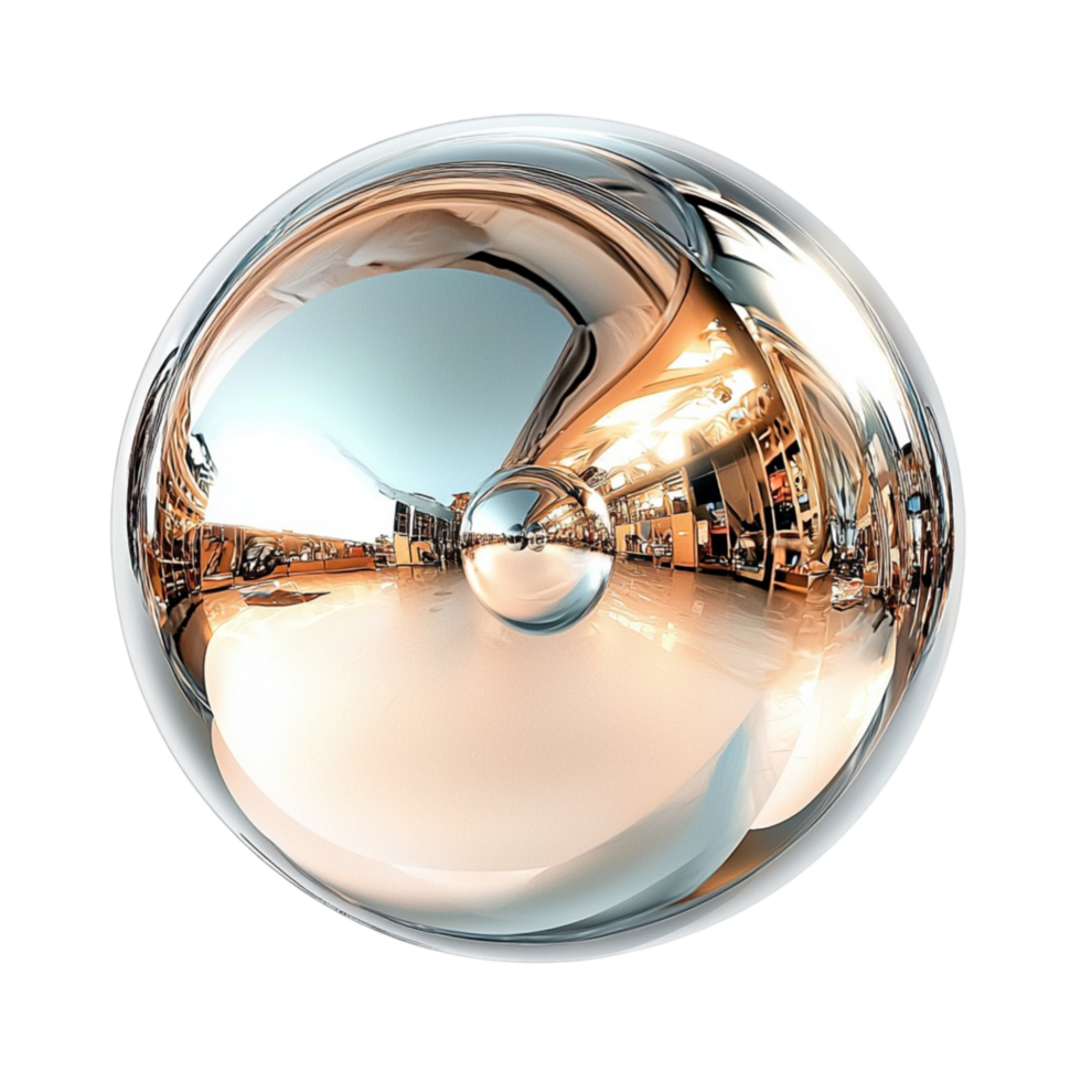 Reflective metallic sphere with a mirrorlike surface represents illusion and perception png