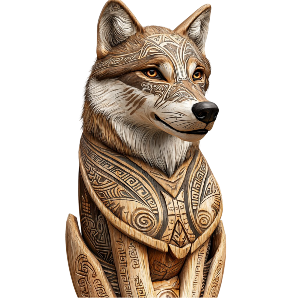 Majestic wooden wolf sculpture with tribal carvings represents strength and wisdom png