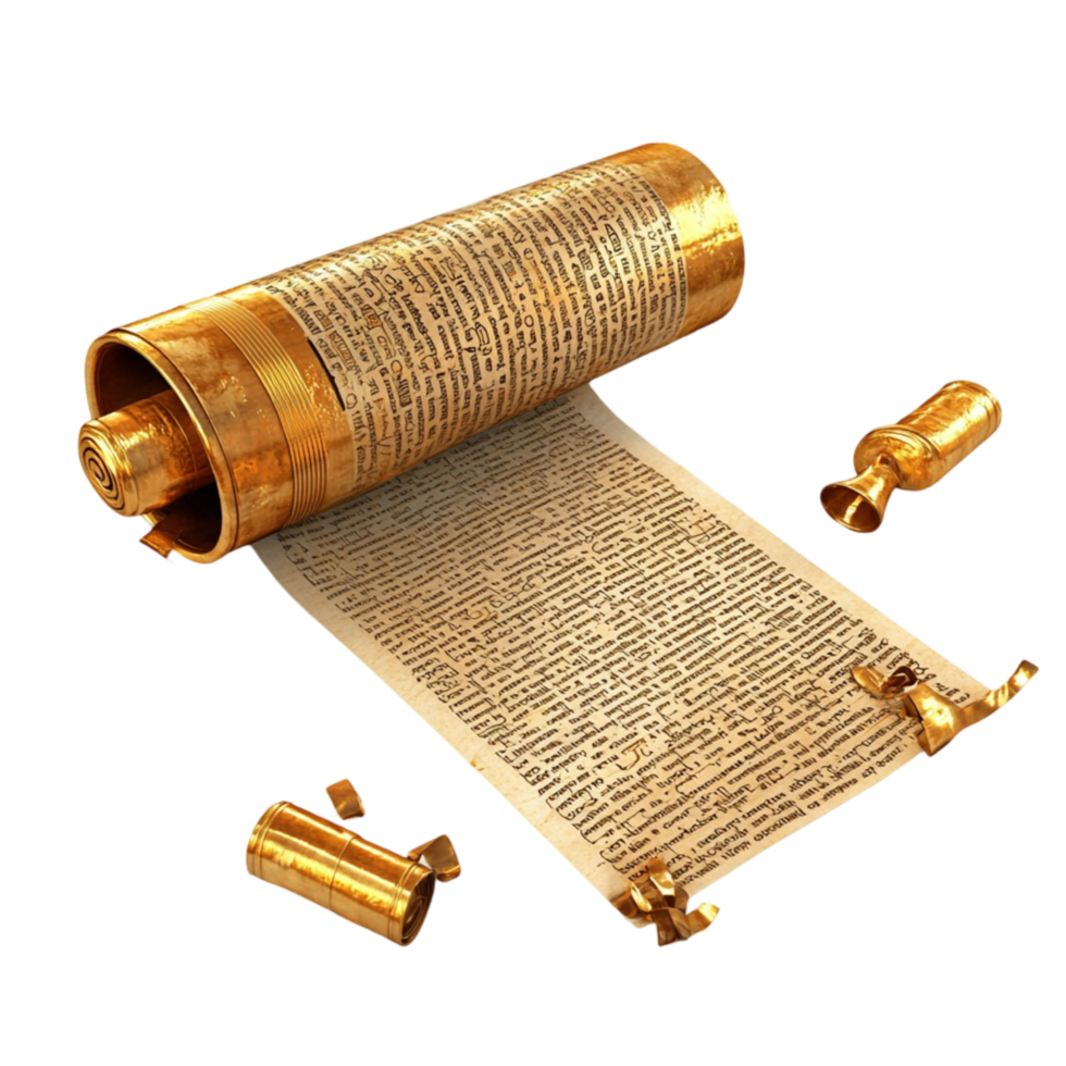 Golden ancient scroll with intricate writing represents wisdom and historical knowledge png