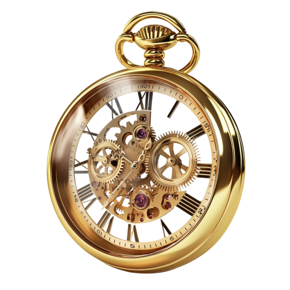 Antique gold pocket watch with visible gears png