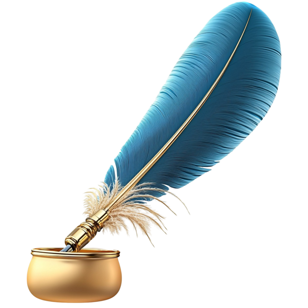 Blue feather quill resting in a golden ink pot png