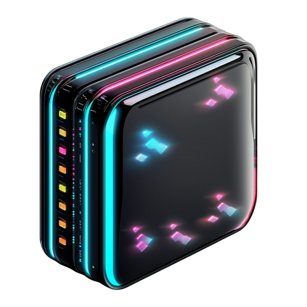 Futuristic black computer tower with glowing neon lights png