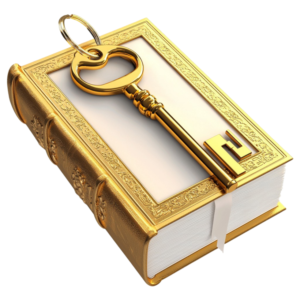 Golden book with an antique key resting on top png