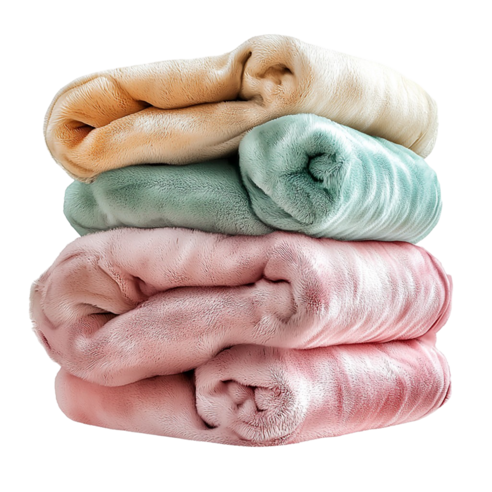 Neatly stacked pastelcolored folded blankets png