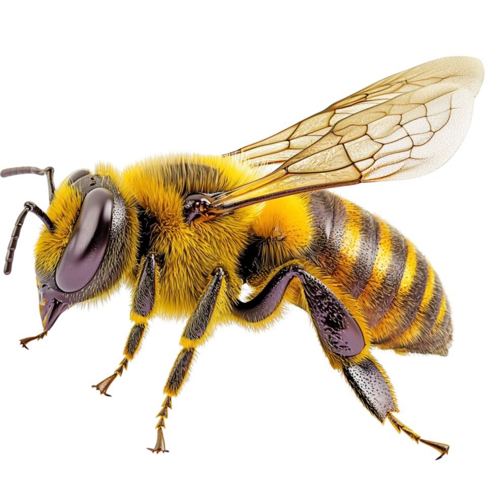 Fuzzy yellow honeybee with delicate translucent wings png