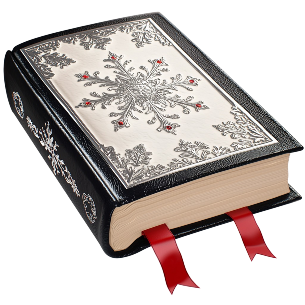 Ornate black and white book with intricate details png