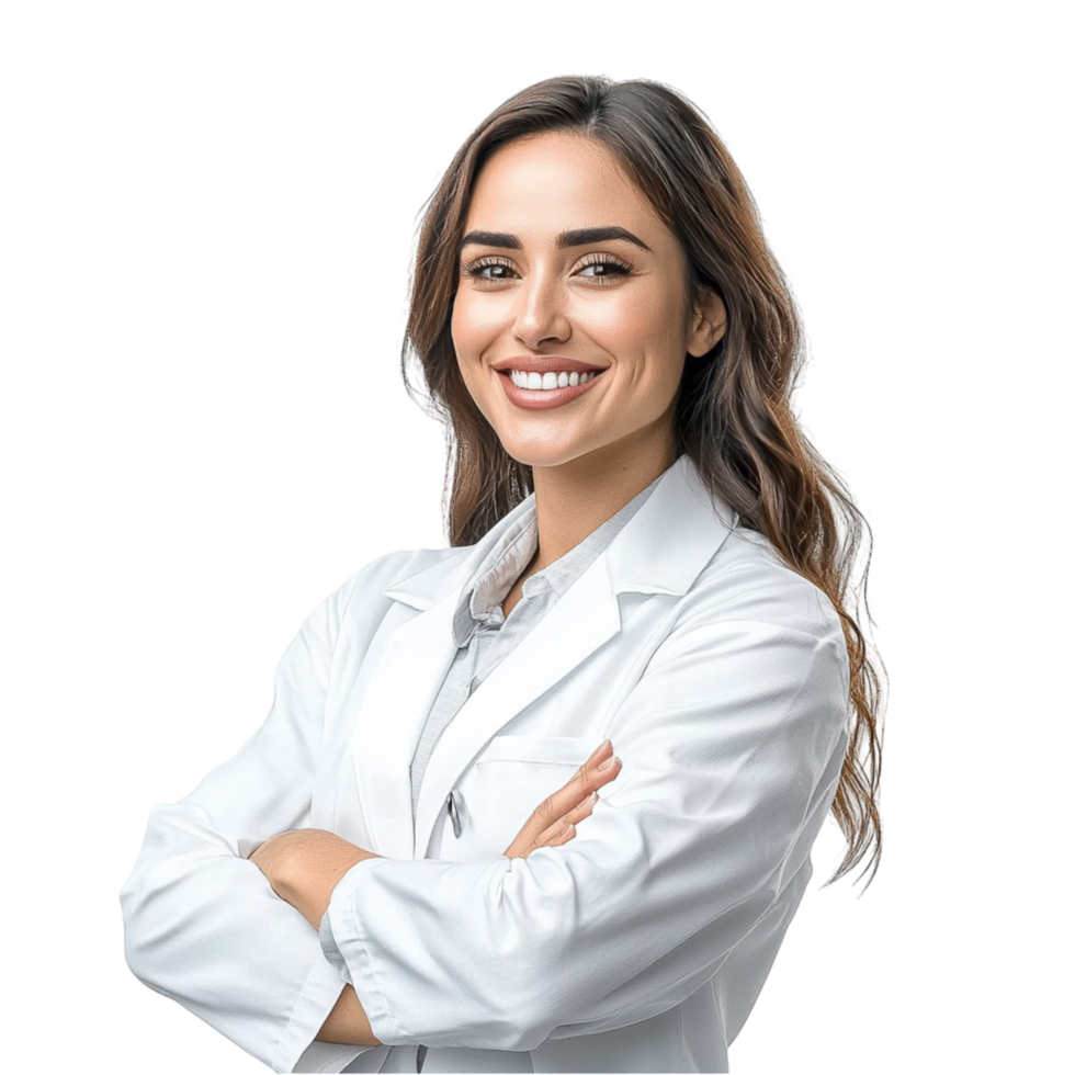 Young female doctor smiling in a lab coat png