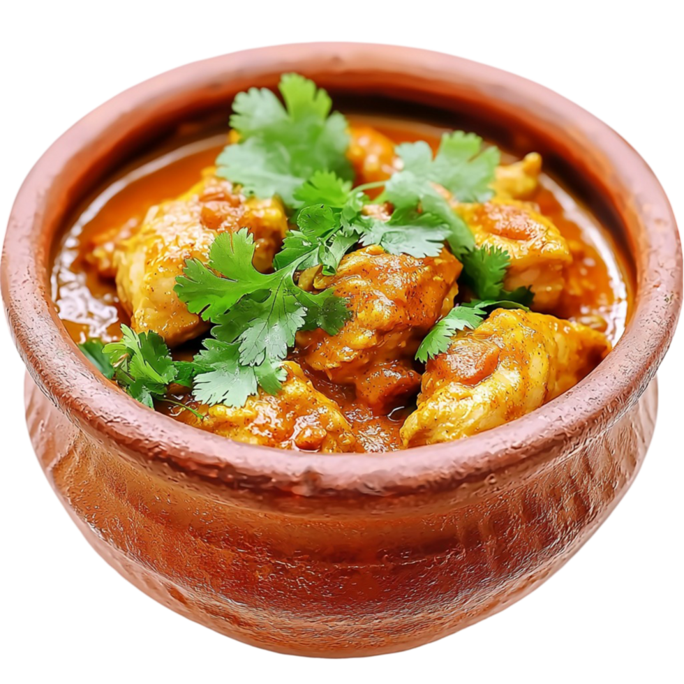 Bowl of spicy curry garnished with herbs png