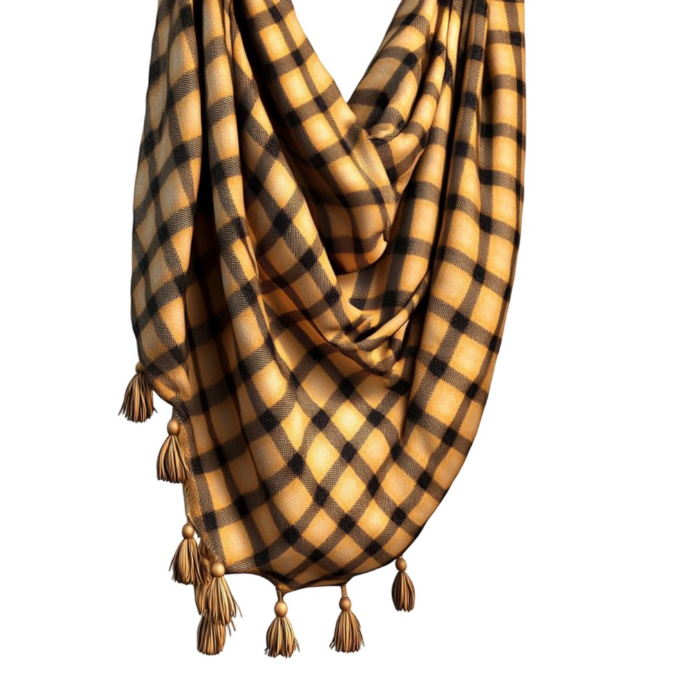 Cozy checkered scarf with tassels on the ends png