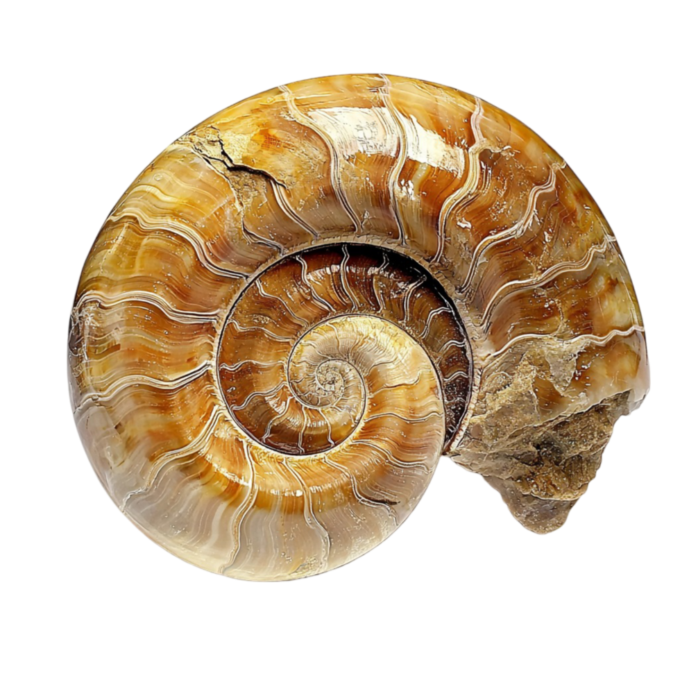 Fossilized ammonite with intricate spirals png