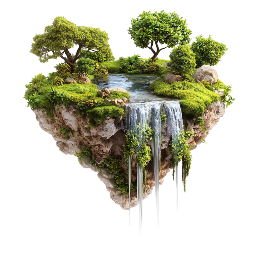 Floating island with cascading waterfall and greenery png