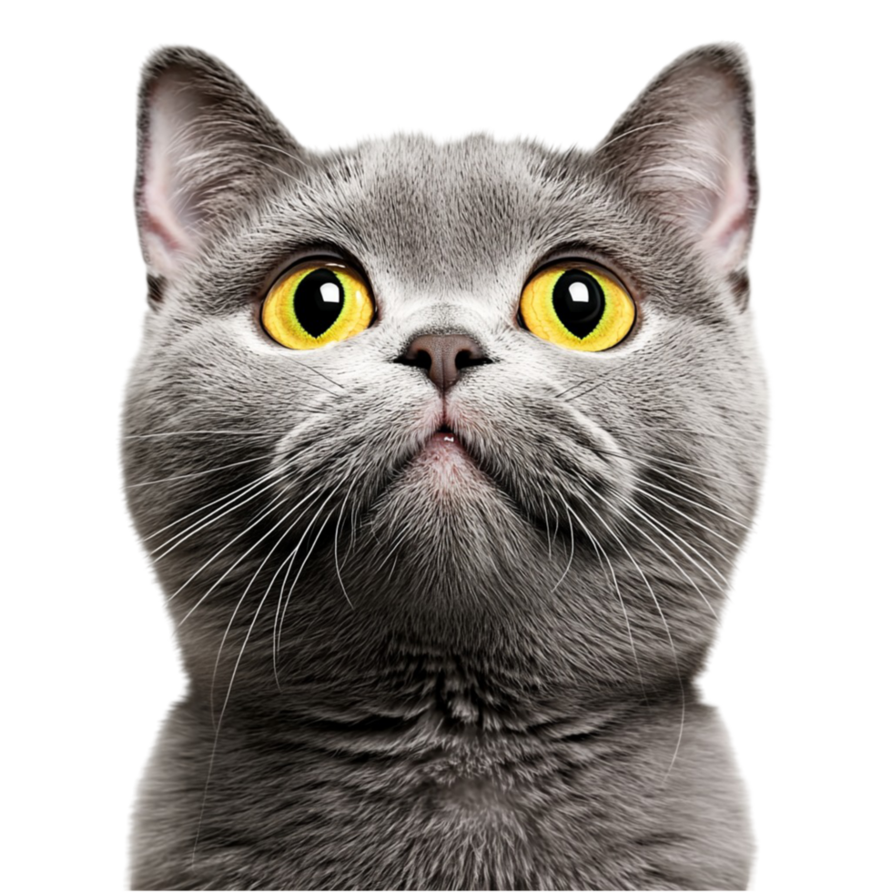 Grey cat with yellow eyes and curious expression png